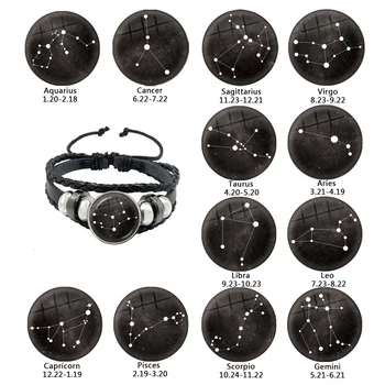 12 Зодия Въже Черен Бутон Кожена Гривна Съзвездието На Галактиката Дизайн Хороскоп Астрология Стъклен Кабошон Гривна За Подарък