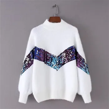 2022 Нов дамски Пуловер, есенно-зимния Нов Модерен Пуловер с полувысоким яка, мохеровая Бродерия, пайети, Пуловер с ръкави-фенерчета