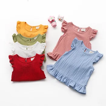 2023 Лятна Нова Бельо Памучен Риза без ръкави за Момичета, Детски Дрехи, Блузи с кръгло деколте и Накъдрен, Обикновена Тениска за Момичета