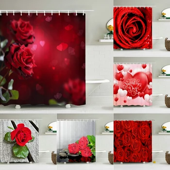 3D Червена Роза Растения Цветя Завеса За Баня Любов Романтика Завеса За Баня от Водоустойчив Плат Завеси За Душ Декор 240X180 С Куки