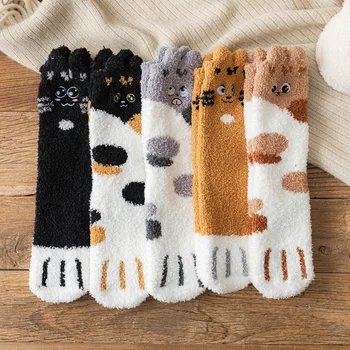 5 Двойки/опаковане. Чорапи с котешки лапой, 6 Стилове За Жените, Домашни чорапи на пода, Зимни Чорапи за сън, Дебели Чорапи