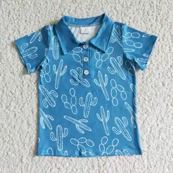 BT0020 лятна тениска с отложным яка и къс ръкав за момчета с картина на кактус