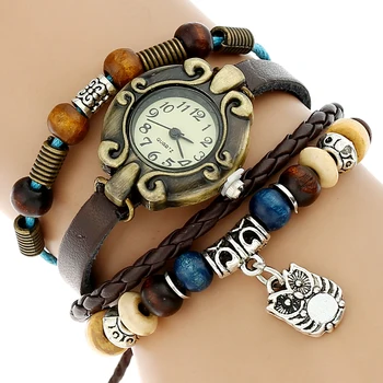 Gnova Платинен Часовник-Гривна От Естествена Кожа с посребрена СОВОЙ, дамски Часовници с Бронзов циферблат, reloj, индийски етнически модерен ръчен часовник за момичета, relogio