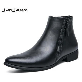 JUNJARM/мъжки обувки от естествена кожа, бизнес мъжки обувки Anker, Зимни/пролетни Високи обувки в британския стил на мълния, мъжки остроносые обувки 38-48
