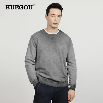 KUEGOU 2022 Есенни Нови Мъжки Блузи От Измити Тъкан Реколтата, Памучни Блузи, За Бягане с Високо Качество Плюс Размера на Топ 9529