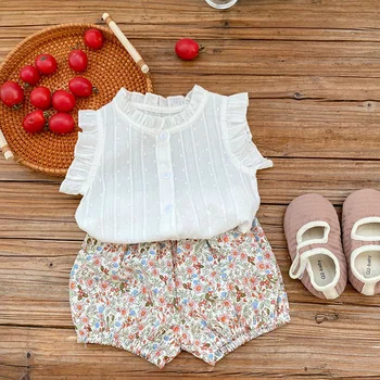 MILANCEL/летен комплект детски дрехи 2022 година, Костюм с цветен печат за малки момичета, тениска с рюшами и къси панталони с цветен модел, Комплект дрехи за момичета от 2 теми