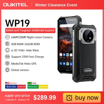 Oukitel WP19 Издръжлив смартфон за нощно виждане, мобилен телефон, Мобилен телефон, 21000 мА/ч, 8 GB, 256 GB, Помещение 64 М, 90 Hz Хелио G95