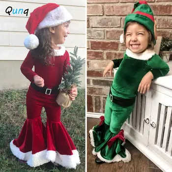 Qunq/есенно-зимния топ с дълги ръкави за момчета и момичета + разкроена панталони + Шапка, Комплект от 3 теми, Ежедневни Коледна детски дрехи от 3 до 8 години