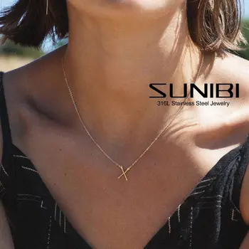 SUNIBI 316L Колие от Неръждаема Стомана за Жени Златен Цвят с Отложено във формата на Буквата X Колие Вечерни Модни Бижута за Момичета Подарък Аксесоар