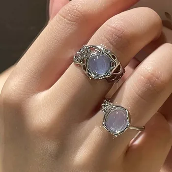 Vintage Бял Опал Нередовни Crystal Ring Модерни Елегантни Метални Кухи Отворен Регулируеми Пръстени Пръсти за Жени Момиче Y2K Бижута