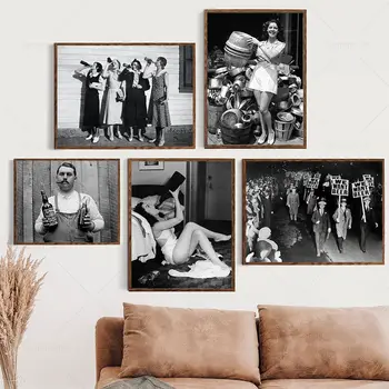 Vintage Момиче барабанът Питейна Плакат Ретро Бира, Вино, Черно и Бяло Платно Картина на Стената Книга За Изкуството на Фотографията Хол Начало Декор