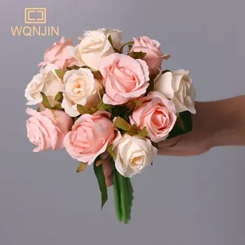WQNJIN 12 Глави Изкуствени Копринени Рози Букет Цветя Бял Розов цвят за Сватба Сватбена Парти Домашен Къща Градина Фестивал Украса