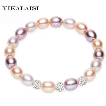 YIKALAISI Естествени Сладководни Перли, Кристални Мъниста Гривна С Висулки Модни Бижута За Жени 7-8 мм Перлена форма на Капка 2 Цвята