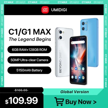 [В наличност] Смартфон UMIDIGI C1 и G1 Max, восьмиядерный процесор Unisoc T610, 6 + GB 128 GB, помещение 50 Mp, батерия 5150 ма, мобилен телефон с две SIM карти