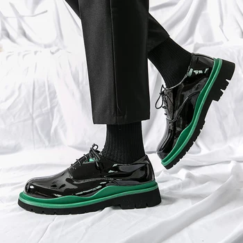 Висококачествени Оксфордские мъжки обувки от лачена кожа на дантела, зелени лоферы, обувки на платформа с широка подметка, кожени обувки, ежедневни обувки