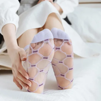 Дамски Мрежести, Прозрачни Стъклени Прозрачни Чорапи До Глезена, Дамски Модни Терлици С Лък И Накъдрен, Пролетно-Летни Къси Чорапи За Момичета