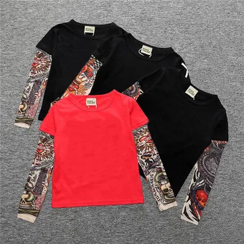 Детски дрехи за момчета, пролетно-есенни тениска за момчета и момичета с дълги ръкави, украсена с татуировки на ръкавите в стил хип-хоп