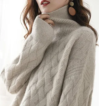 Есенно-зимния вълнен пуловер с висока воротом, женски 2021, нов стил, замрял бриз, свободен дебел пуловер, вълнен пуловер с подплата