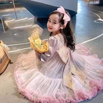 Есента рокля За Момичета, Детски Принцеса Рокля с Дълъг Ръкав Мрежести Рокли