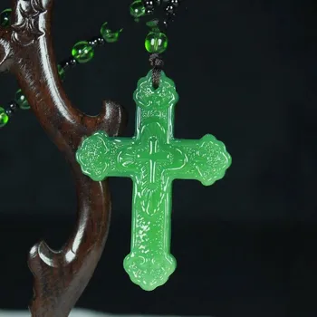 Китайски Натурален Зелен Нефритови Кръст Висулка Колие Ръчно изработени Чар Бижута от Нефрит Модерен Амулет за Късмет, Подаръци за Мъже, Жени