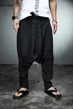 Корейски младежки хип-хоп мъжки моден тренд с ниска промежностью, ежедневни панталони дантела, Зреещи, ленени панталони, свободна индивидуалност