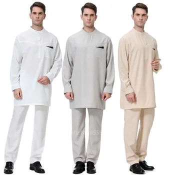 Мъжете Джубба Тоби Мюсюлманската Рокля Ислямска Традиционна Тъкан за Мъже Абая Топ Панталони Комплект Мода Мозайка Саудитска Арабска Молитва Костюм