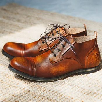 Мъжки модел обувки в стил ретро, Луксозни Обувки От Естествена Кожа Ръчно изработени, с Кръгло Бомбе Дантела, Класически Черни, Сини мъжки Кожени обувки на Щиколотке, Размер 44