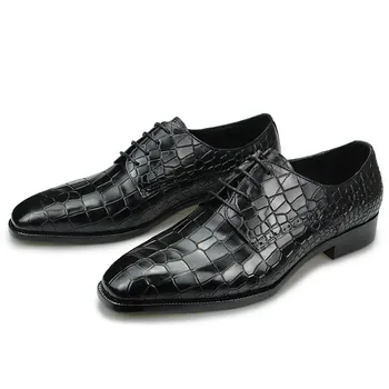 Мъжки модел обувки за Партита, Модни мъжки обувки с Принтом Алигатор, Луксозни Zapatos De Hombre, Oxfords от Естествена Кожа, Черни Ежедневни обувки Дантела