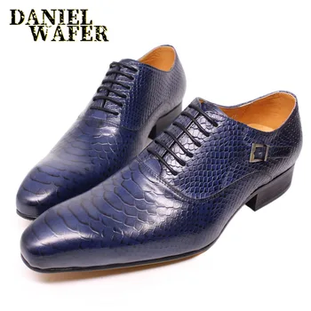 Мъжки обувки-Oxfords с Принтом От Змийска Кожа, Класически Стил, Официално Мъжко Рокля, бизнес Офис сватбени мъжки кожени обувки Дантела с остри пръсти
