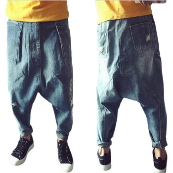 Мъжки широки Свободни дънки с ниска Засаждане в Перинеума, Панталони в стил хип-хоп, Дънки с ниска Засаждане в Перинеума, Каубойски Кръст-панталони