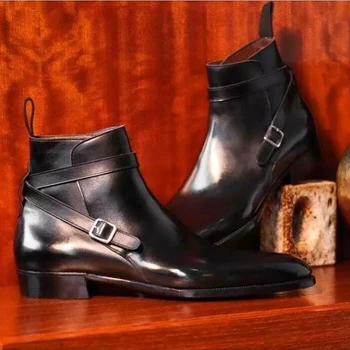 Новост; черни мъжки обувки с каишка и катарама; мъжки ботильоны с квадратни пръсти; безплатна доставка; мъжки обувки Zapatos De Seguridad Hombre