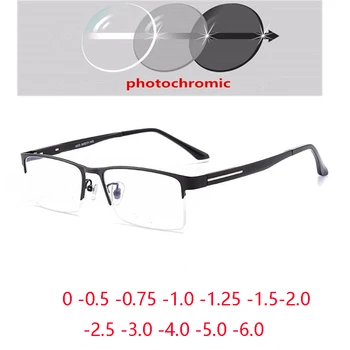 Полукадровые Слънчеви Фотохромичните Сиви Очила по Индивидуален Рецепта TR90 + Метални Квадратни Очила за късогледство от 0 -0,5 -0,75 До -6,0