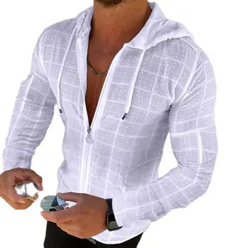 Пролетна Риза С V-образно деколте, Мъжки блузи с дълъг Ръкав, Блузи с качулка, Гладка Памучен смес с цип, Ежедневни