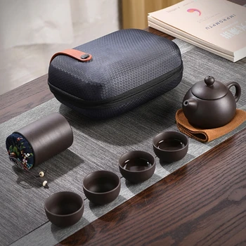 Чай кунг-фу от естествена керамика, 1 Кана с 4 чаени чаши и Подложка за чай, Чаено Кофа с Преносим Защитна Чанта за вътрешния