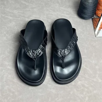 Автентични мъжки ежедневни чехли от естествена крокодилска кожа върху плоска подметка, чехли от естествена екзотична кожа на алигатор, мъжки летни обувки
